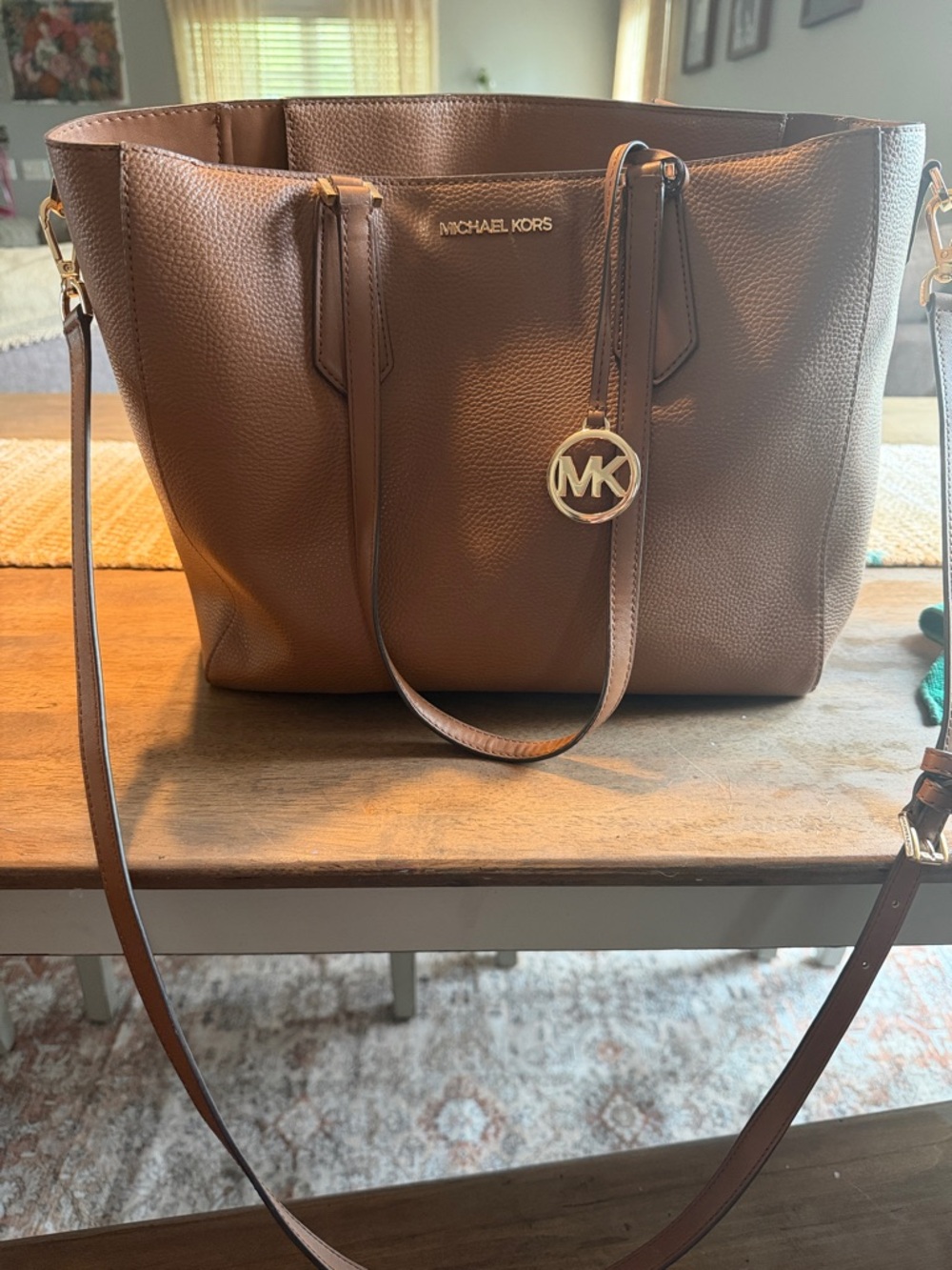 Michael Kors Chocolate Brown Pebbled Leather Tote with MK Charm